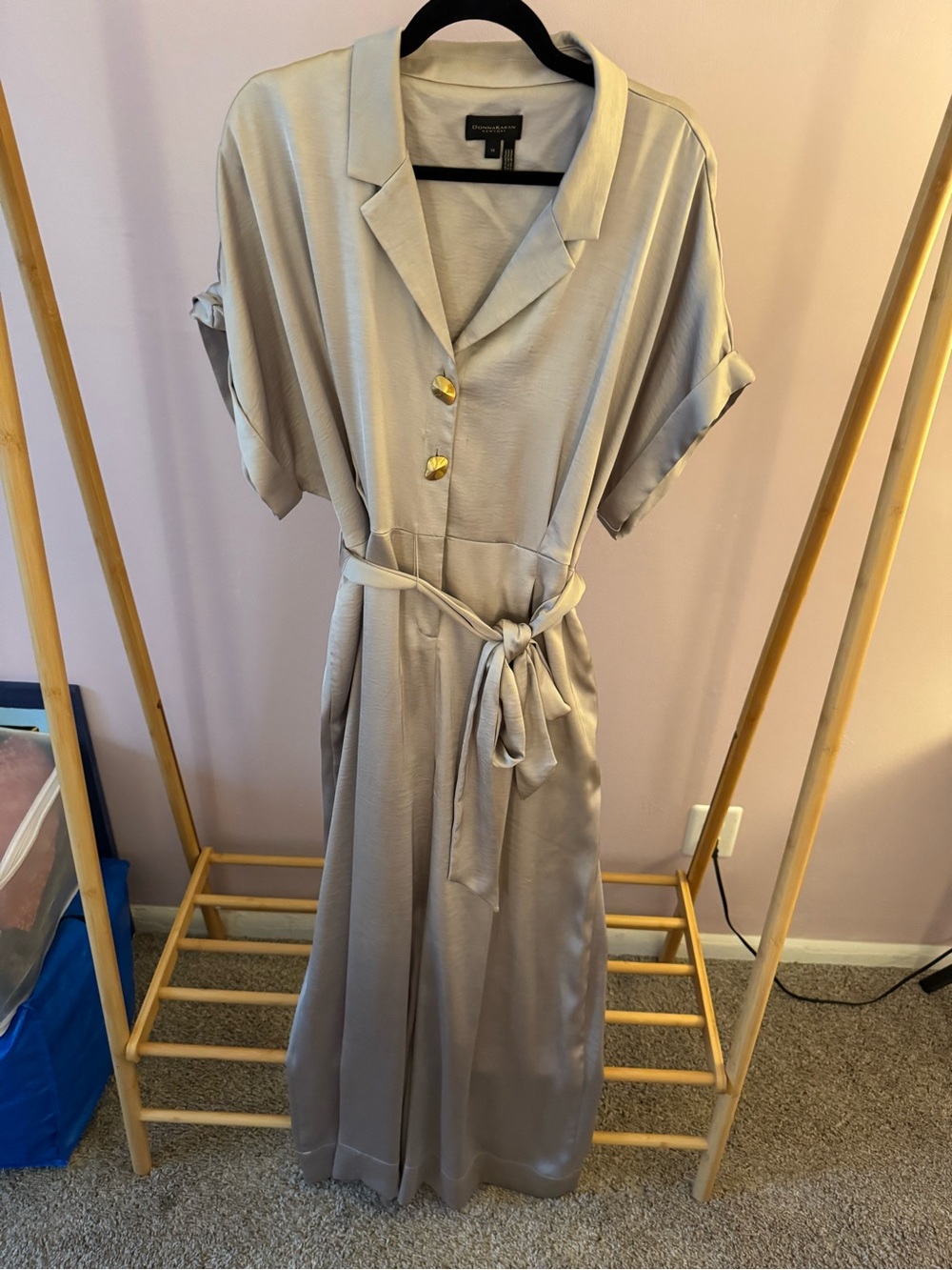 Donna Karan Light Gray Satin Belted Jumpsuit